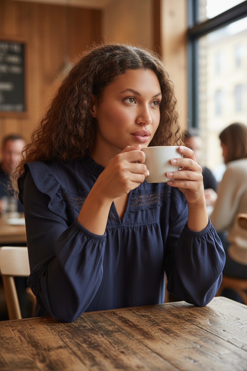 Lifestyle close-up - woman in Saint Tropez blouse at cafe