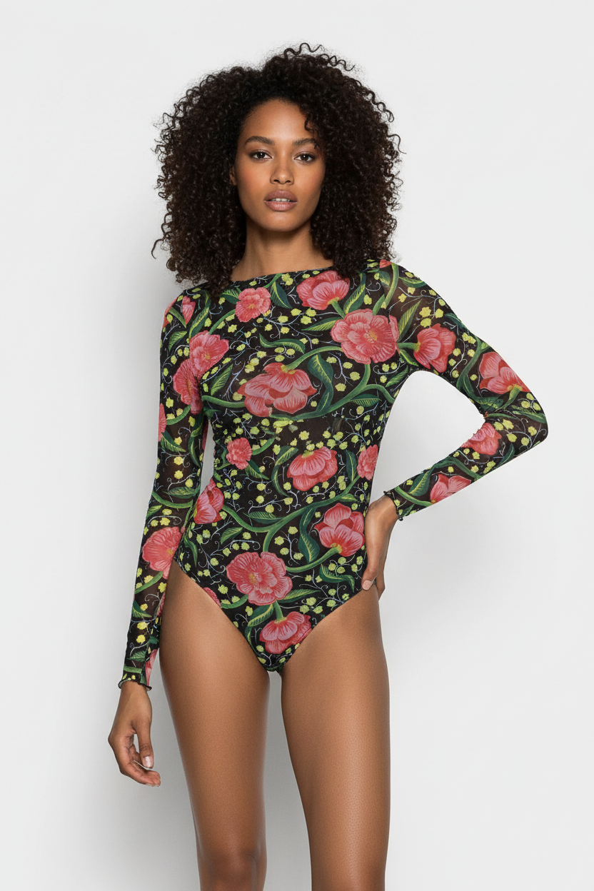 Desigual Body mit Blumenprint – Schwarz mit rosa Blüten
