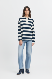 b.young BYBXSomset Gestreiftes Langarm-Poloshirt - Copenhagen Night