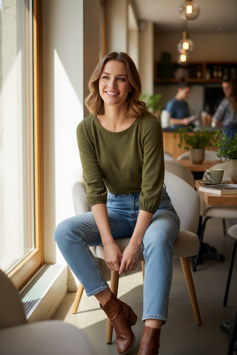 Lifestyle shot of s.Oliver olive green top in modern interior