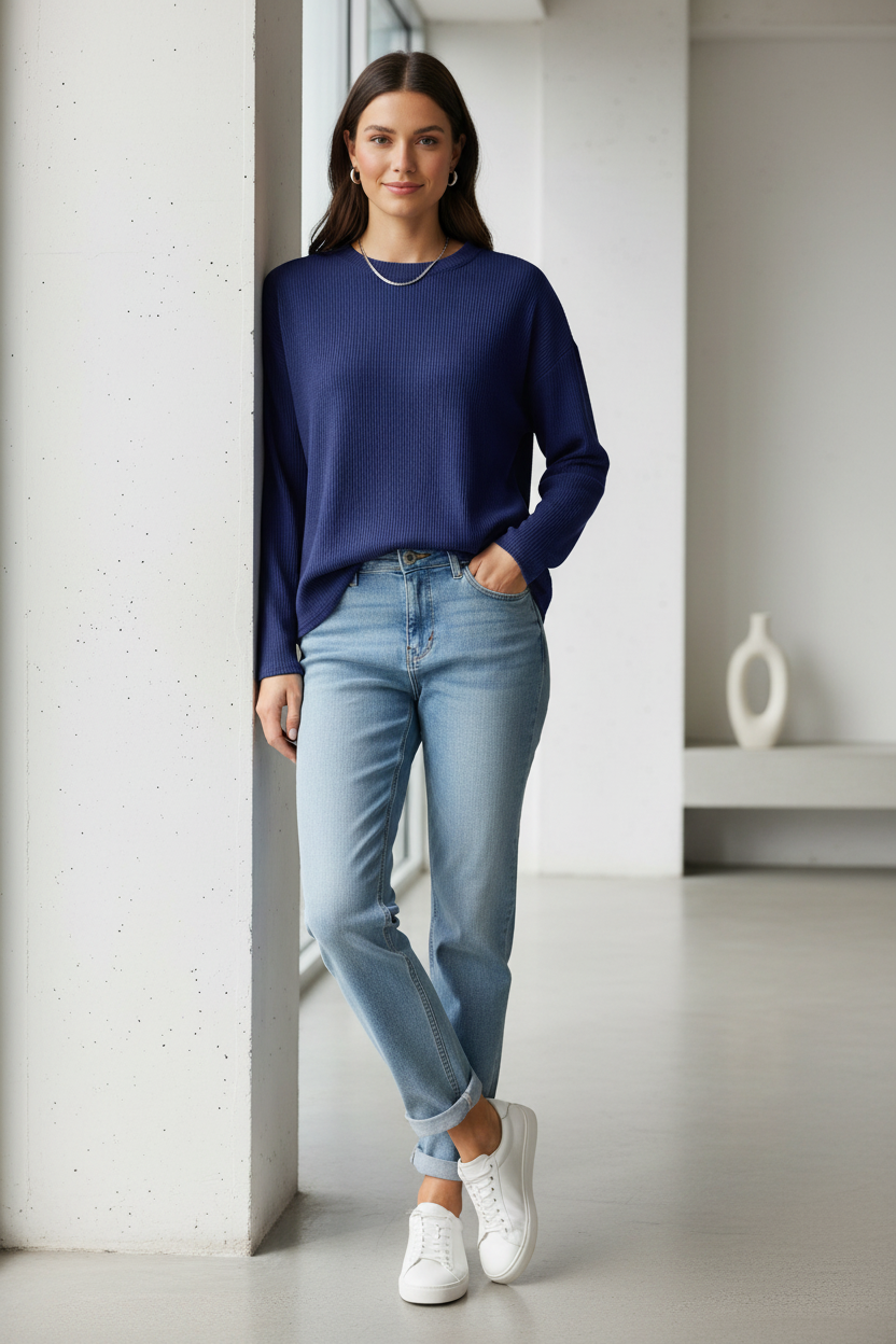 b.young Bypesina Strukturiertes Langarmshirt – Mittelalterblau