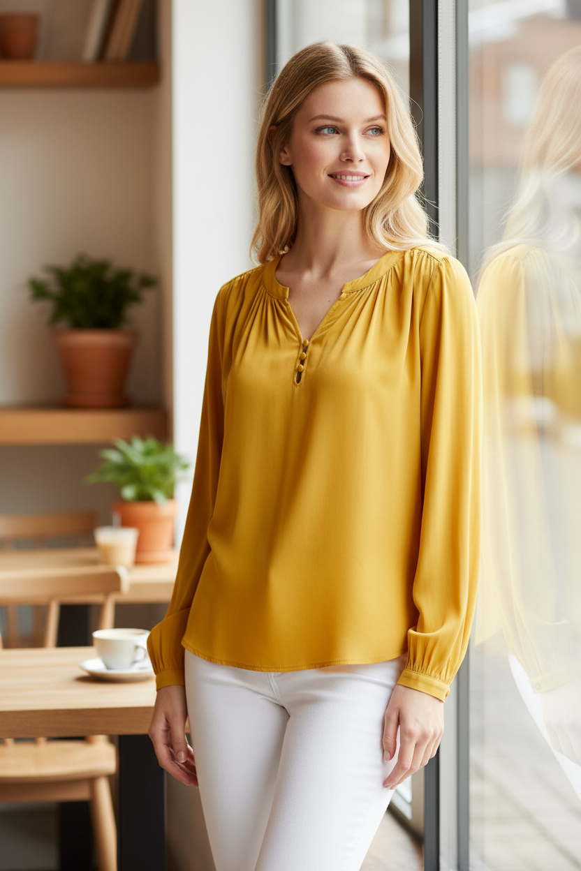 Lifestyle shot of Q/S s.Oliver yellow blouse in modern interior