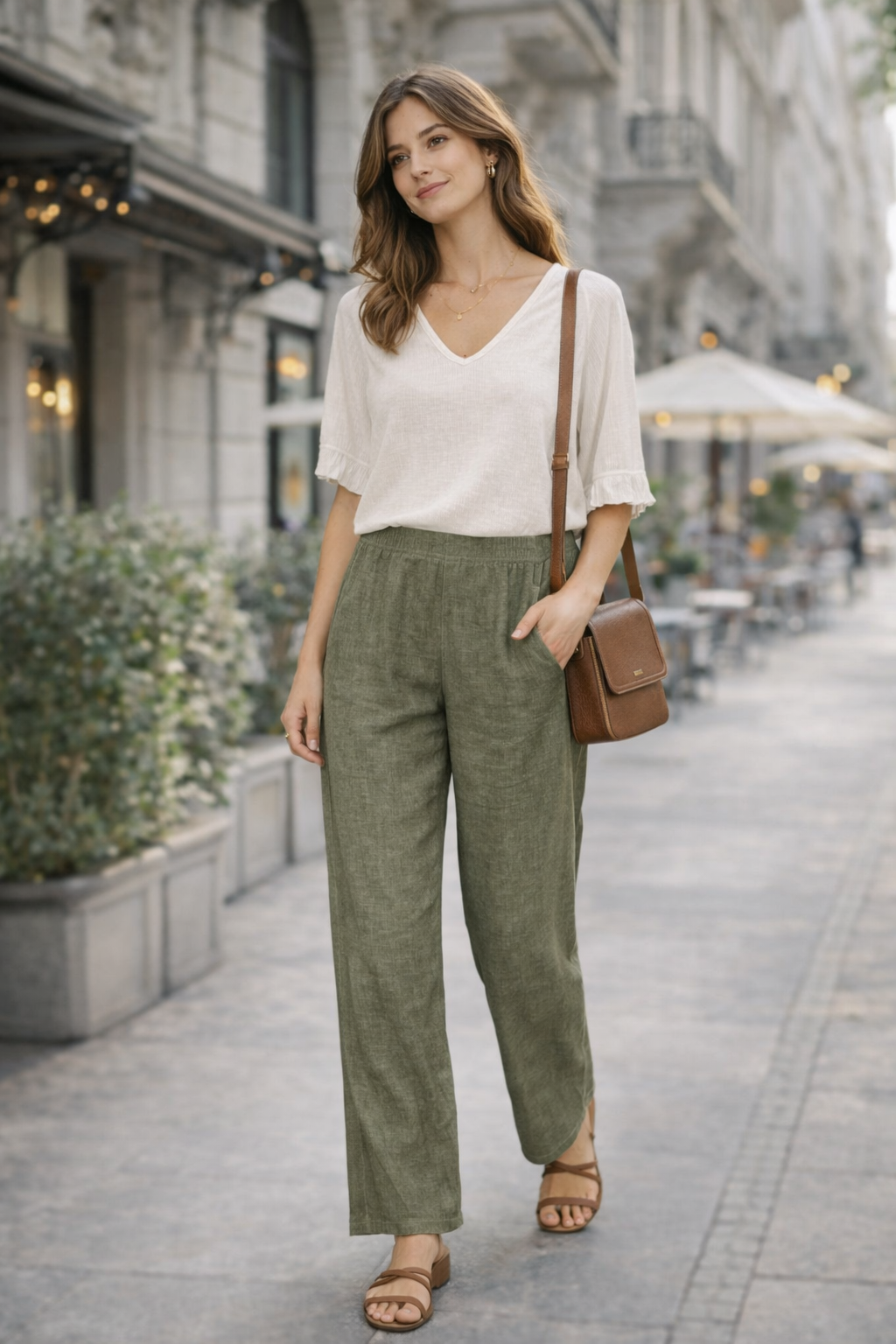 Sorbet SBLIAMO Leinenhose mit weitem Bein – Salbeigrün