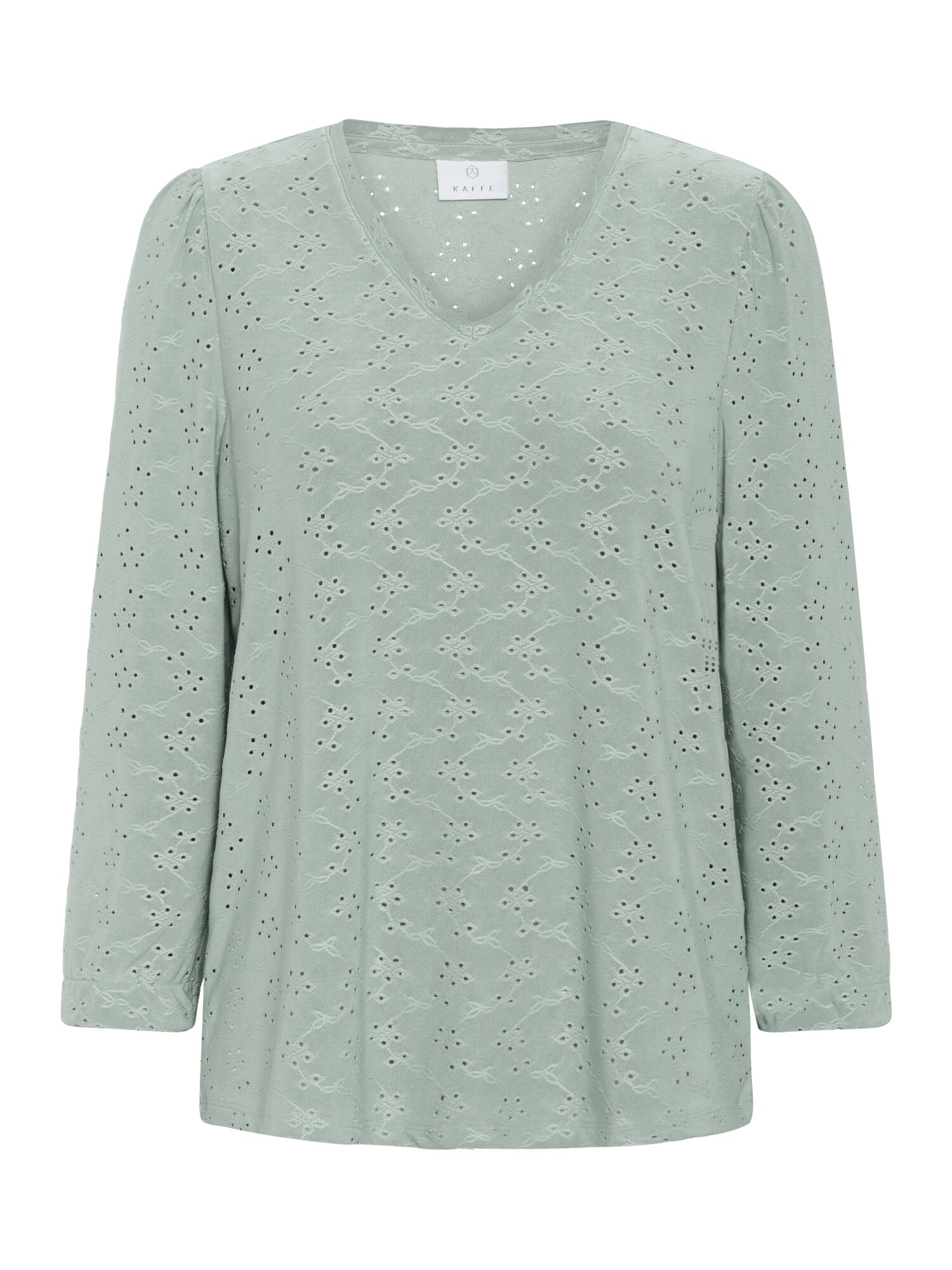 Kaffe KAenya Salbeigrüner Lochstickerei-Bluse – V-Ausschnitt Puffärmel Legerer Schnitt | Damen