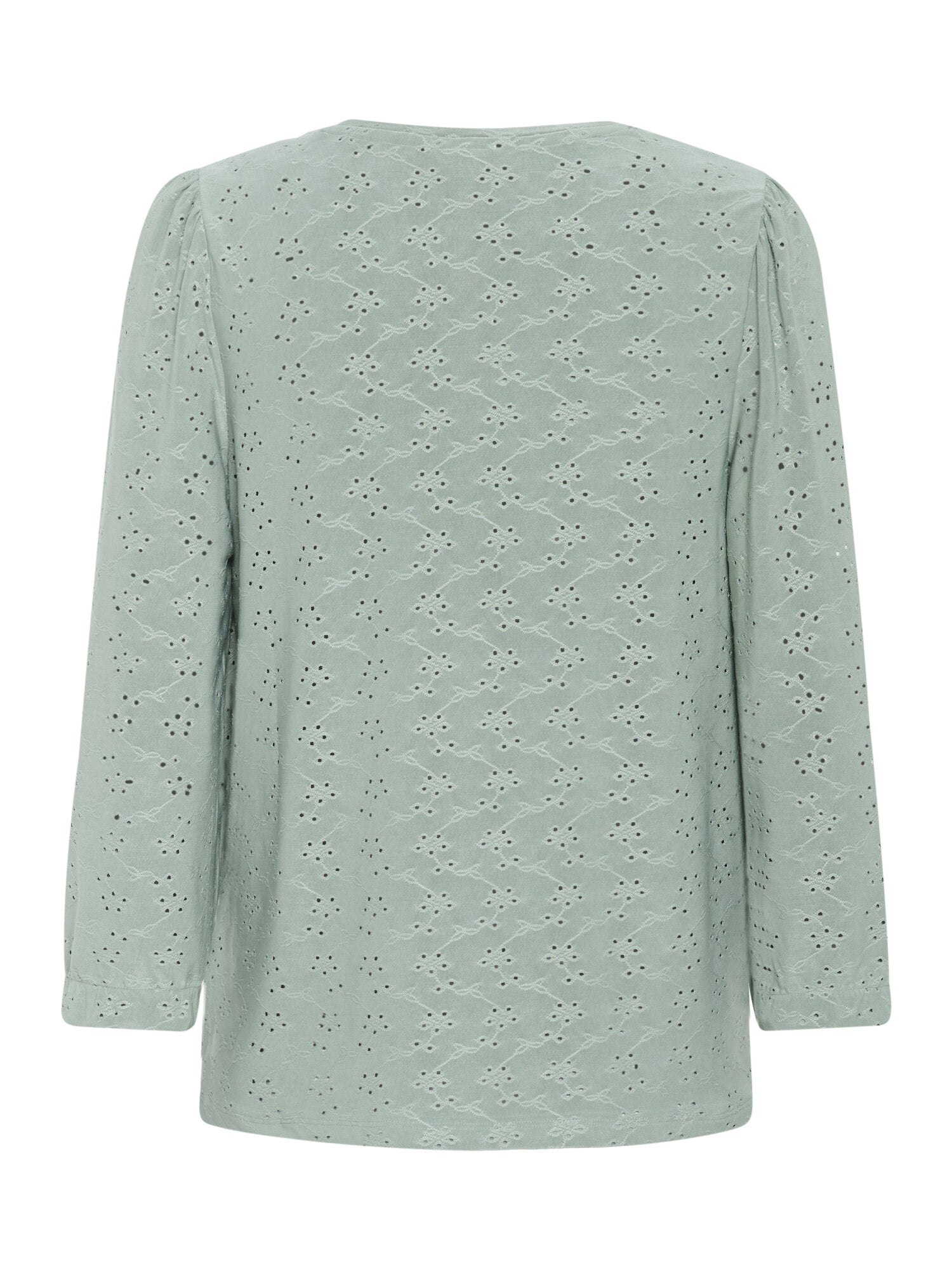 Kaffe KAenya Salbeigrüner Lochstickerei-Bluse – V-Ausschnitt Puffärmel Legerer Schnitt | Damen