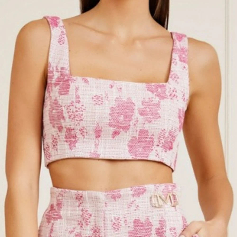 Marciano by Guess Avah Pink Floral Tweed Crop Top – eckiger Ausschnitt | ärmellos