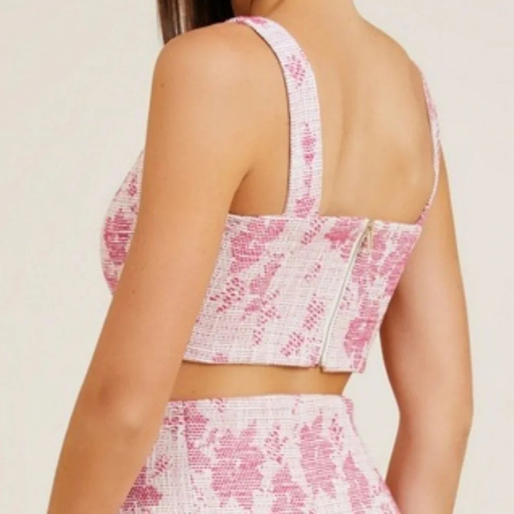 Marciano by Guess Avah Pink Floral Tweed Crop Top – eckiger Ausschnitt | ärmellos