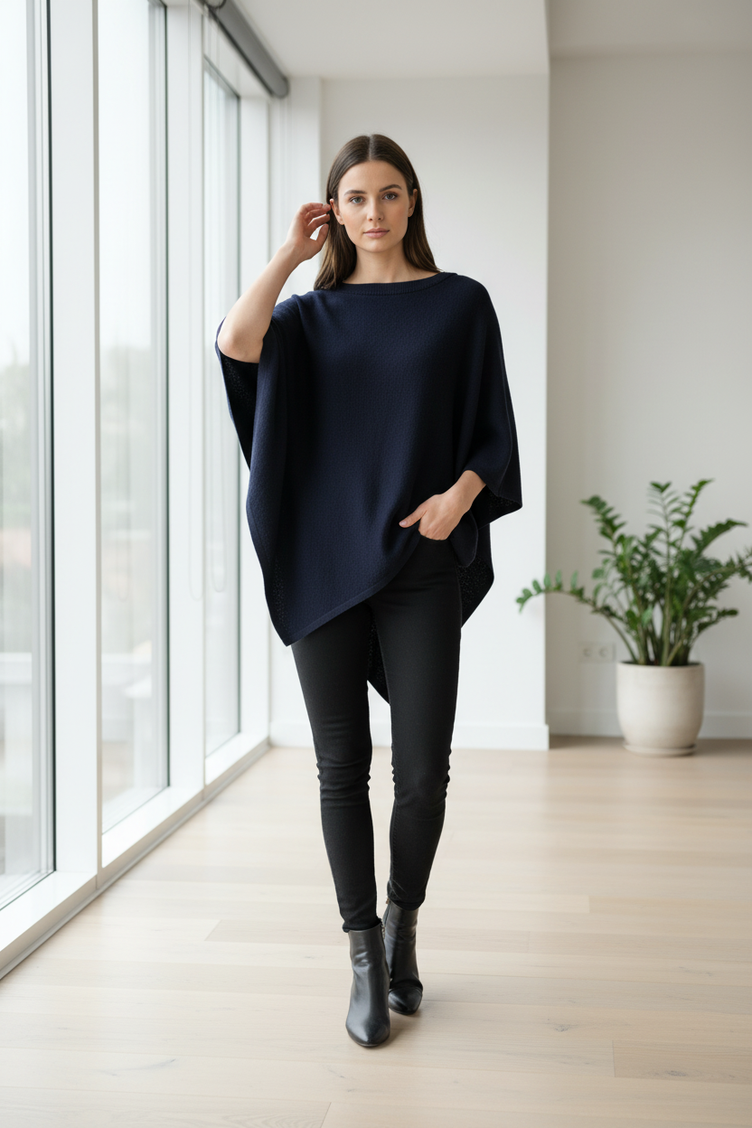 Lifestyle kép - modell mélykék poncsóban