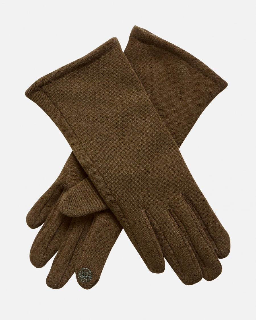 MSCH Copenhagen Riin gloves in army green, crossed on a white background, with slim cuffs and a circular fingertip detail.
