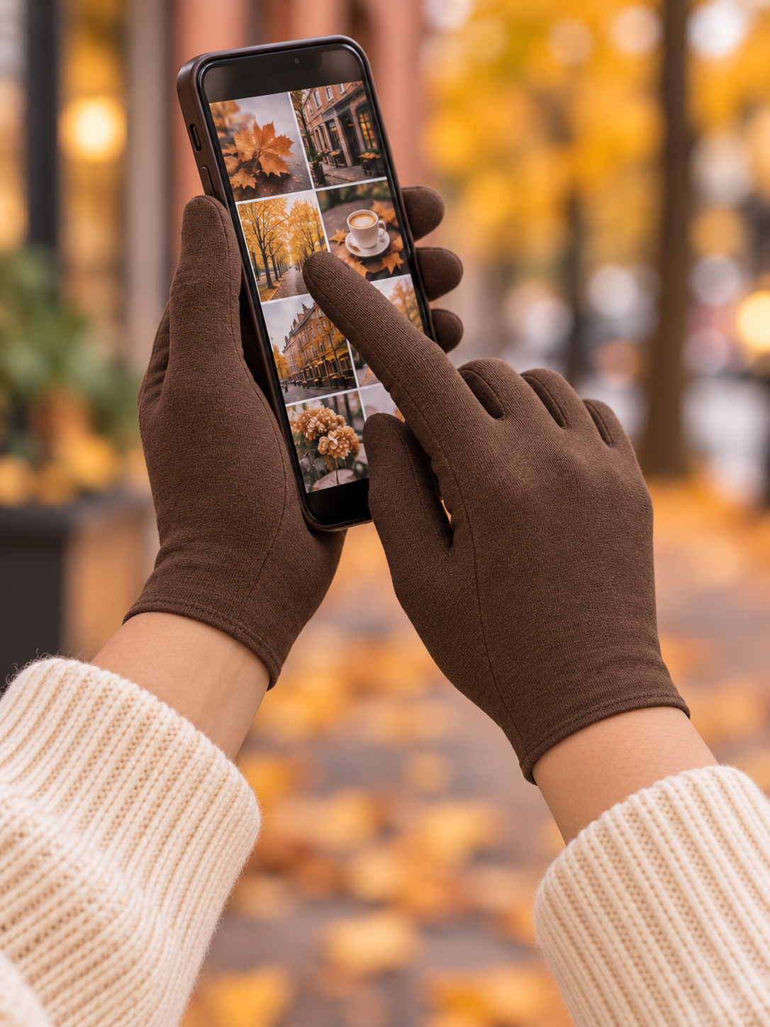 Hands wearing MSCH Riin gloves in Army while using a smartphone outdoors, styled with cream knitted sleeves.