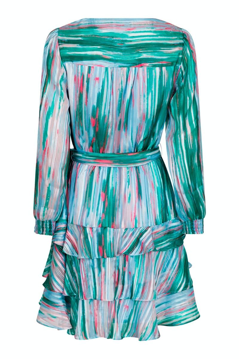 Neo Noir Dennie Blurred Stripe Green Mini Dress – Gestuftes Rüschenwickelkleid | Damen