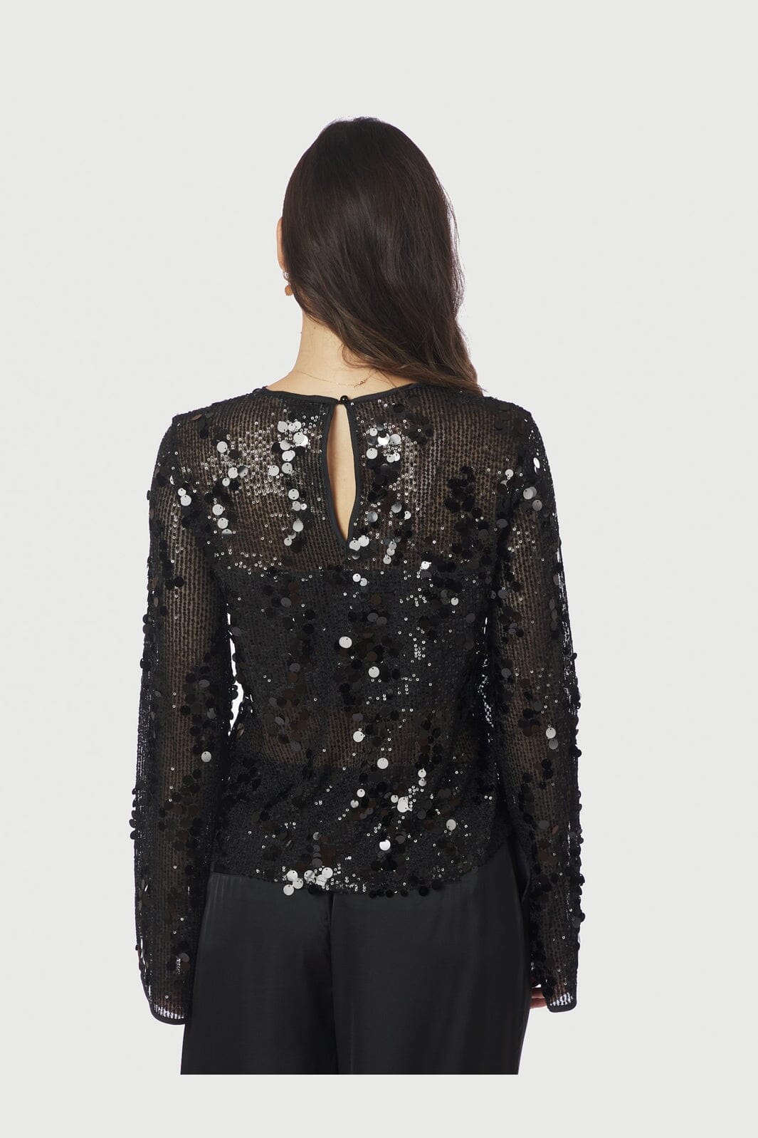Neo Noir Blake Black Pailletten-Bluse – Transparente Mesh Langarmbluse | Damen