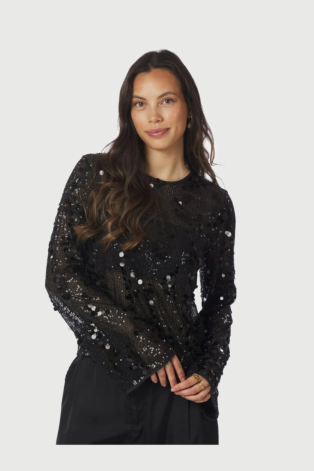 Neo Noir Blake Black Pailletten-Bluse – Transparente Mesh Langarmbluse | Damen