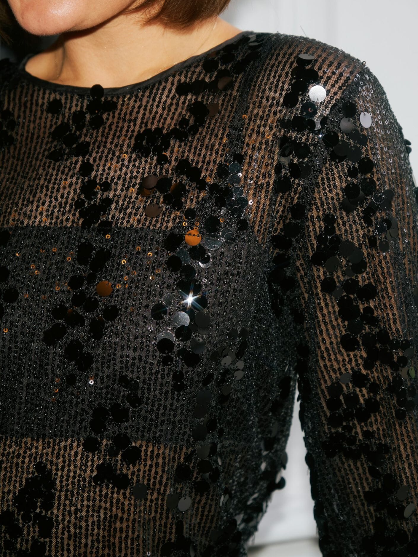 Neo Noir Blake Black Pailletten-Bluse – Transparente Mesh Langarmbluse | Damen