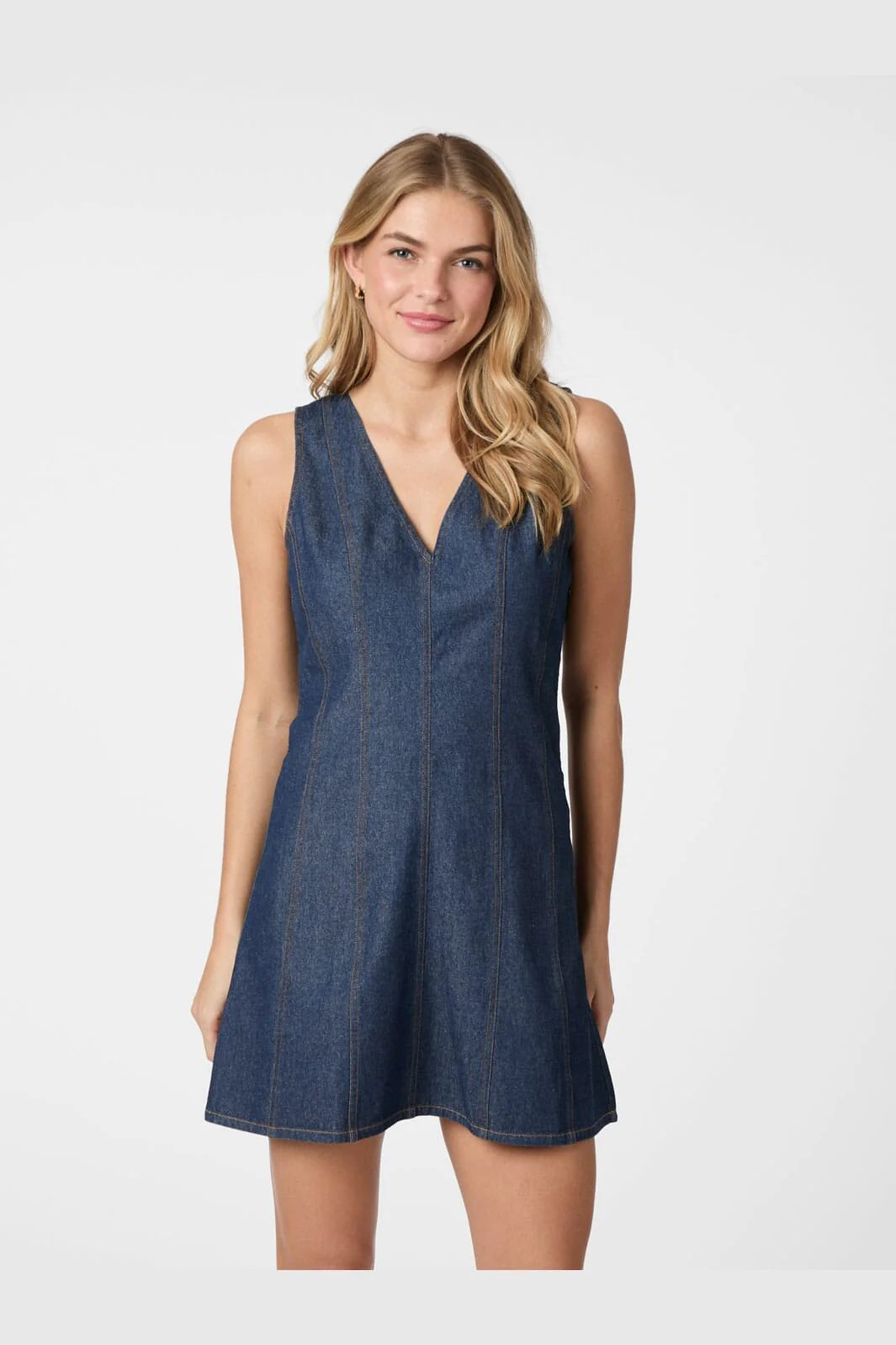 Neo Noir Nava Dunkelblaues Jeans-Minikleid – Ärmelloses A-Linien-Kleid mit V-Ausschnitt | Damen
