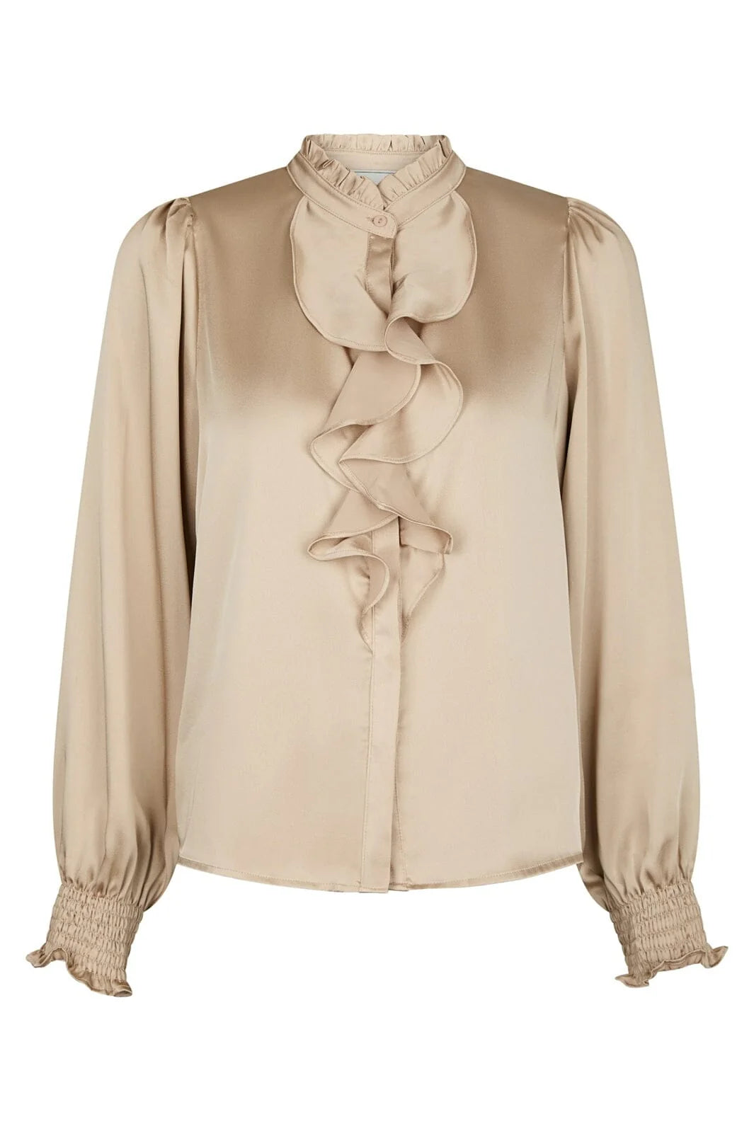Neo Noir Zamola Bluse aus satiniertem Sandstoff mit Rüschenfront – Smokmanschetten | Damen