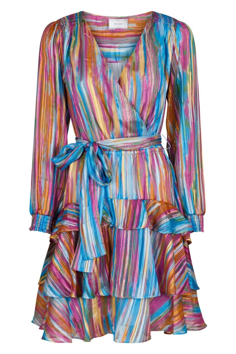 Neo Noir Dennie Blurred Stripe Regenbogen-Minikleid – gestufte Rüschenwickelgürtel | Damen