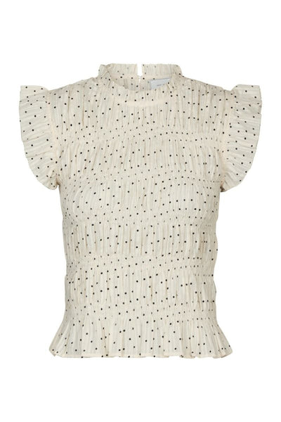 Neo Noir Tarsi Dot Cream Smocked Ruffle Sleeve Top – Hochgeschlossenes Schößchen-Oberteil