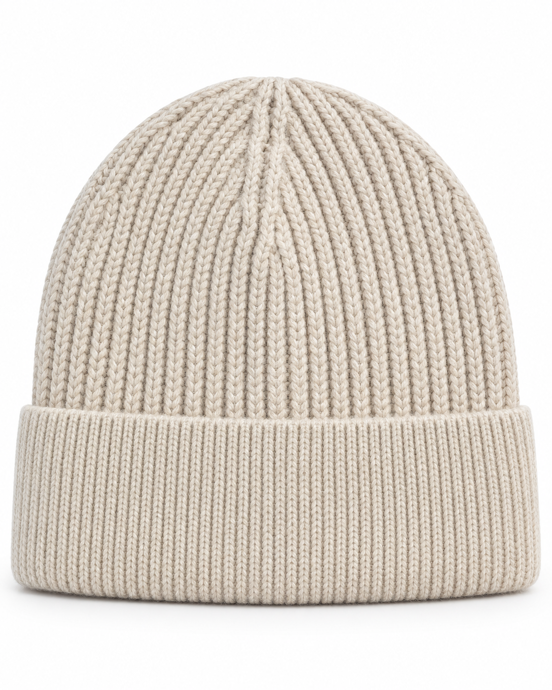 Light beige s.Oliver women’s textured knit beanie with a wide folded ribbed cuff, front view.