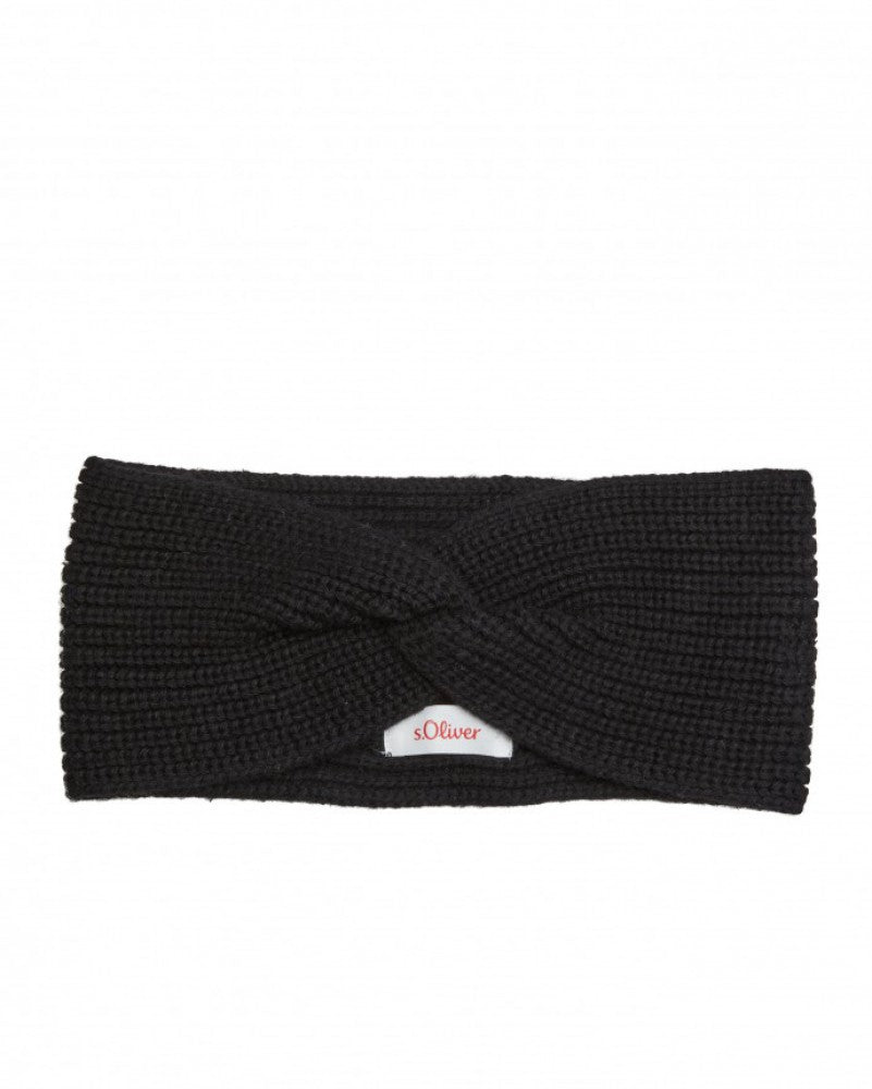Black s.Oliver knitted headband with a twist front on a white background