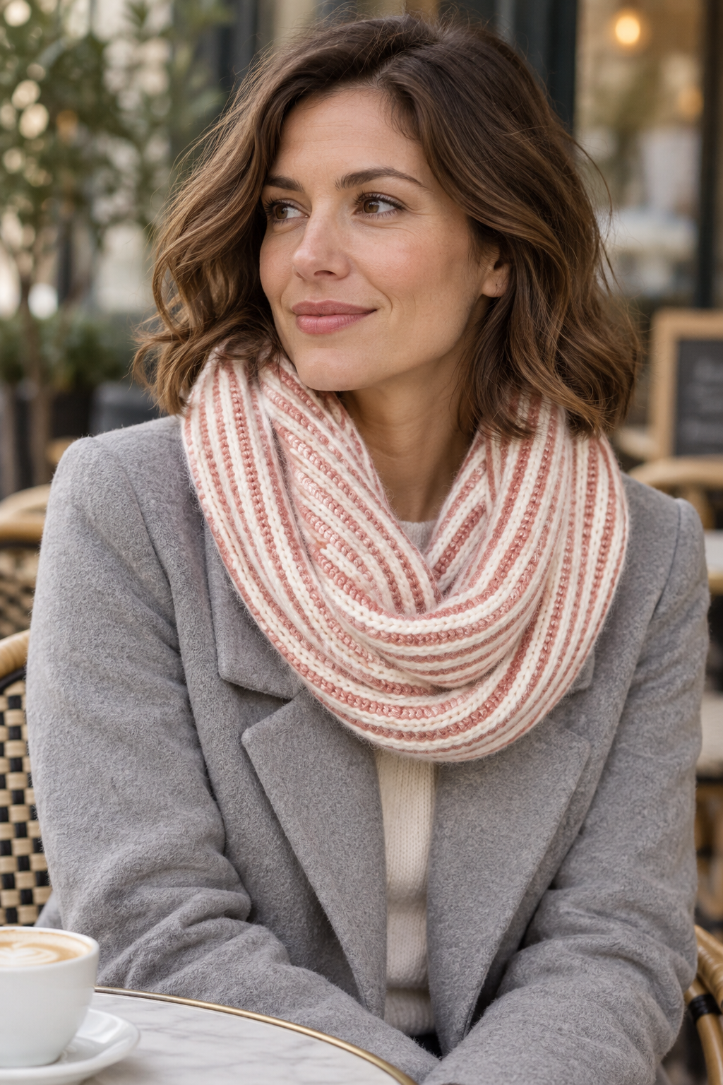 Model wearing the s.Oliver pink and cream ribbed snood with a grey coat at a café.