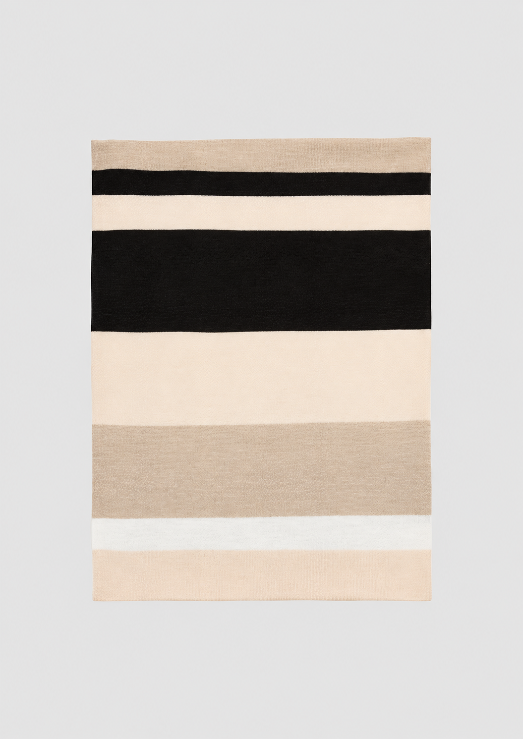 s.Oliver loop scarf laid flat, showing beige, cream and black stripes in different widths