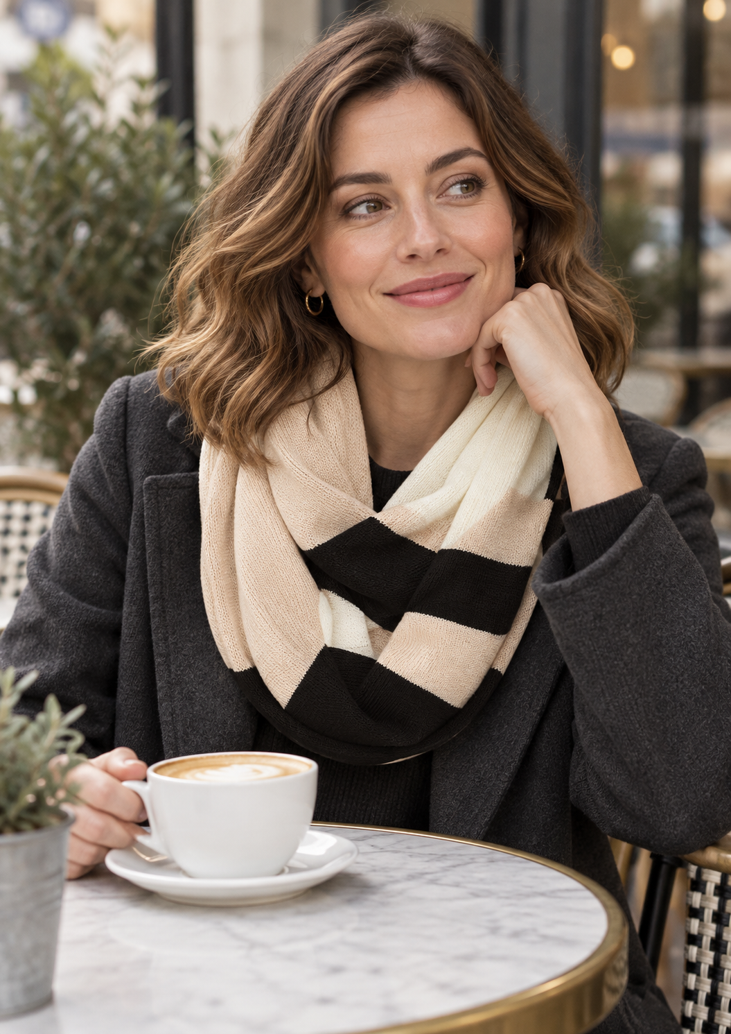 Model wearing the beige, cream and black s.Oliver loop scarf with a charcoal coat at a café