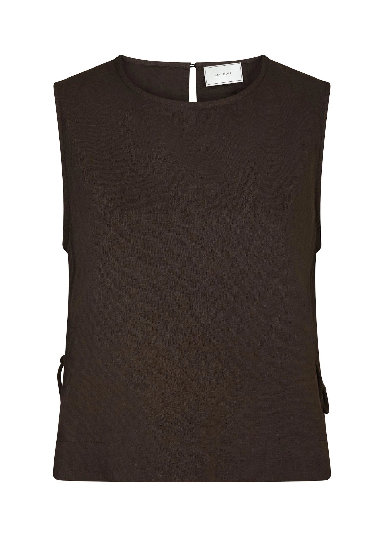 Neo Noir Svetlana Dark Brown Leinen Crop Top – Seitlich gebunden, Rundhals, ärmellos | Damen