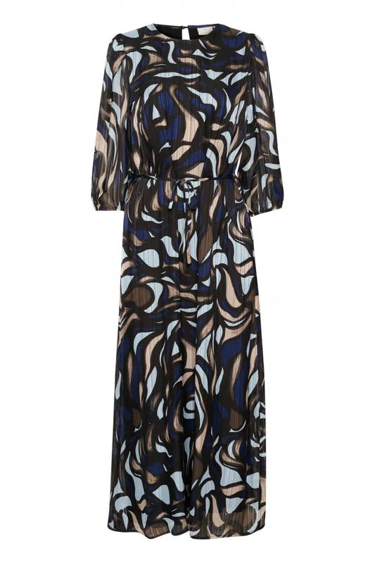 Kaffe Curve KCMarga Blue Grey Abstract Graphic Maxikleid – Rundhalsausschnitt Bindegürtel 3/4 Puffärmel | Damen