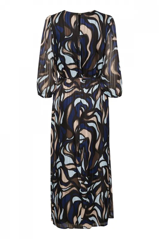 Kaffe Curve KCMarga Blue Grey Abstract Graphic Maxikleid – Rundhalsausschnitt Bindegürtel 3/4 Puffärmel | Damen