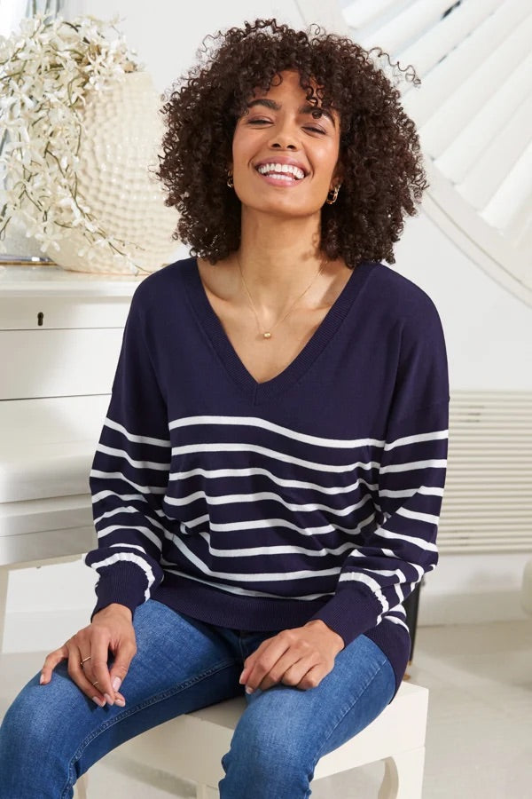 b.young Marineblau & Weiß gestreifter V-Pullover