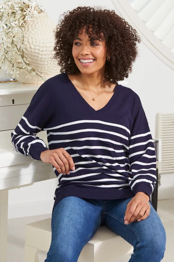 b.young Marineblau & Weiß gestreifter V-Pullover