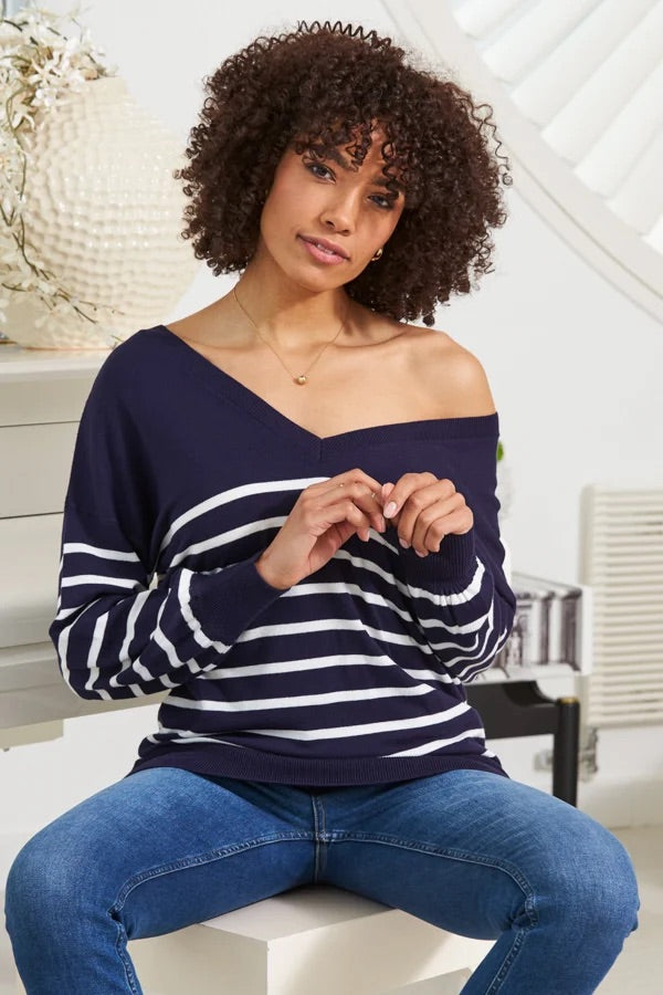 b.young Marineblau & Weiß gestreifter V-Pullover