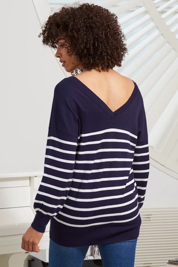 b.young Marineblau & Weiß gestreifter V-Pullover